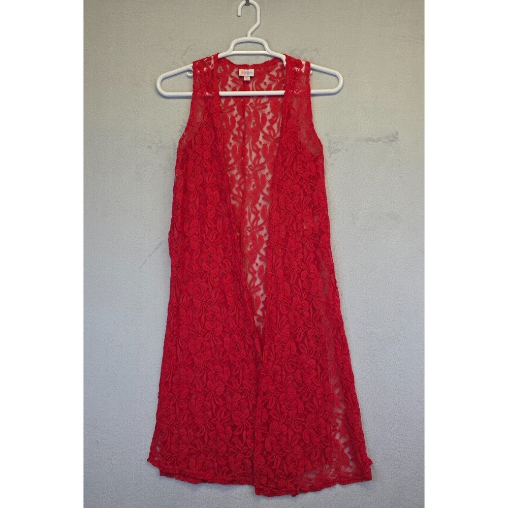 LuLaRoe Duster Cardigan Womens XS Red Sleeveless Open Front Floral Lace Coverup